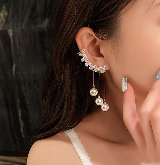 Elegant Pearl & Diamond Ear Cuff Earrings