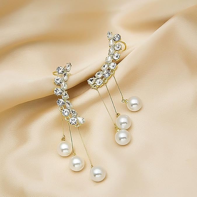 Elegant Pearl & Diamond Ear Cuff Earrings