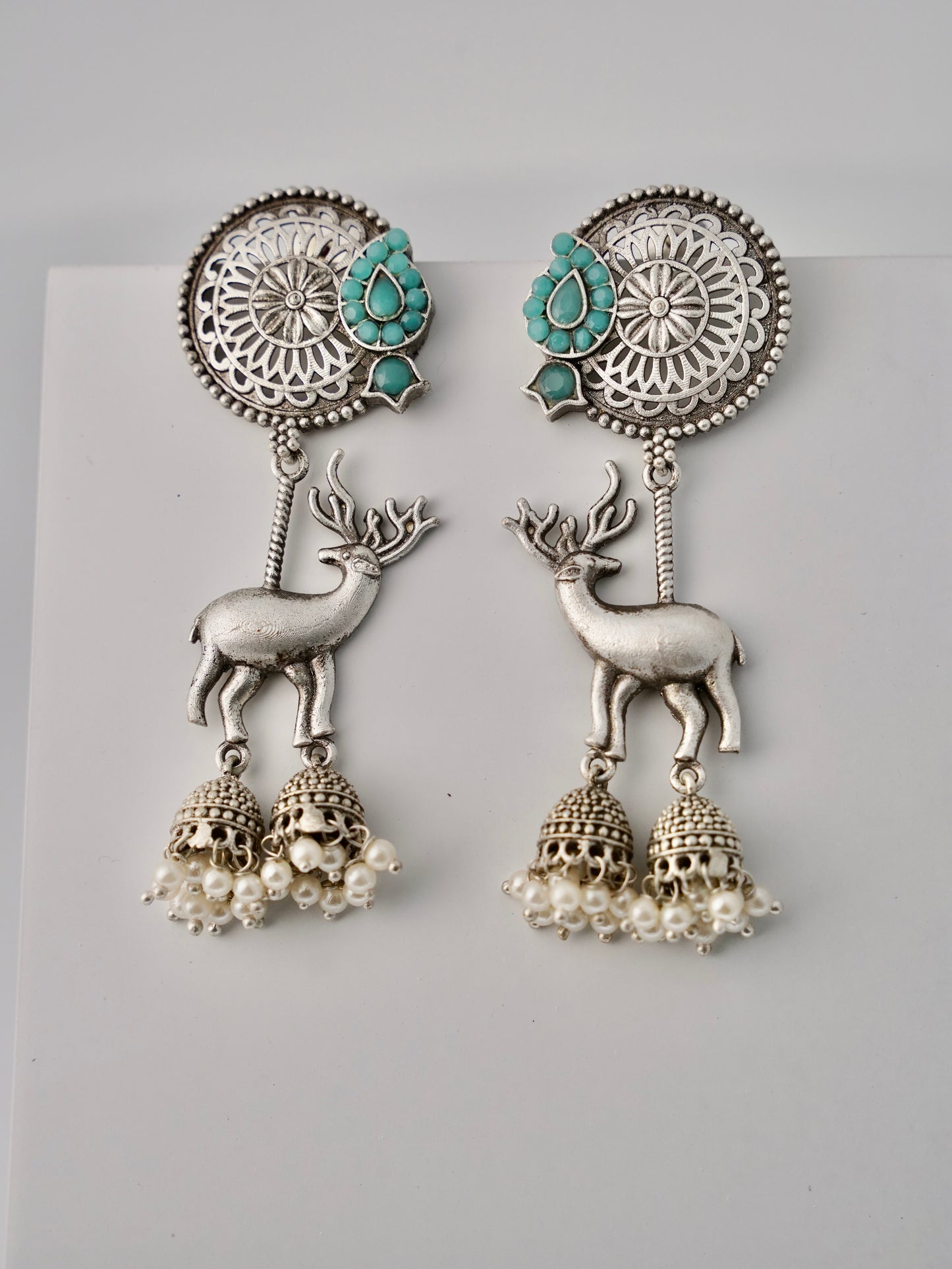 Unique Deer Design Drop Earrings with Pearl Accents