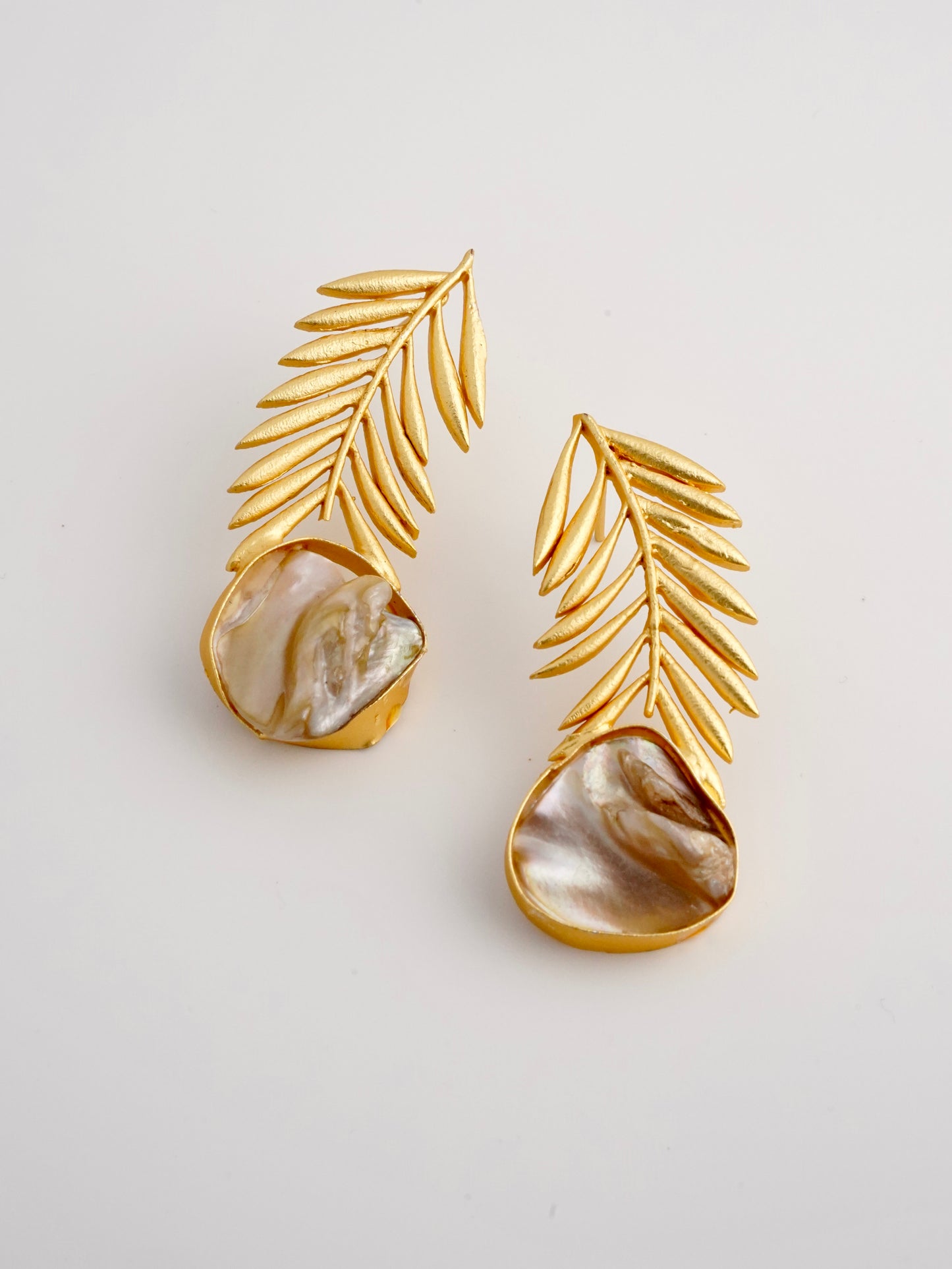 Palm Leaf Brass Earrings with Pearl Accents