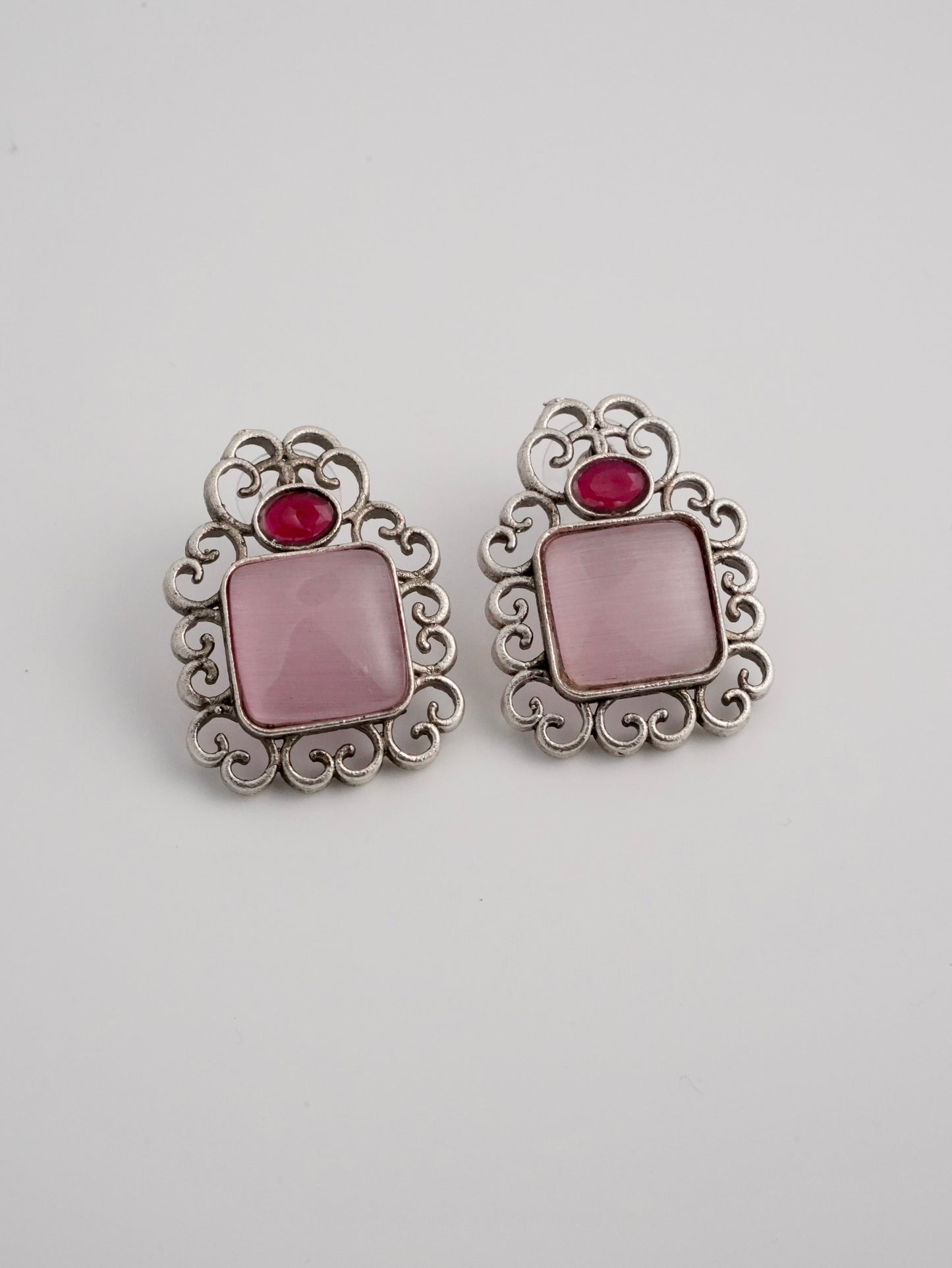 Pink Stone Filigree Stud Earrings