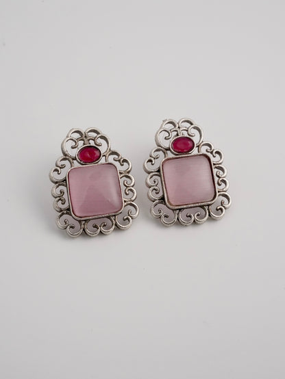 Pink Stone Filigree Stud Earrings