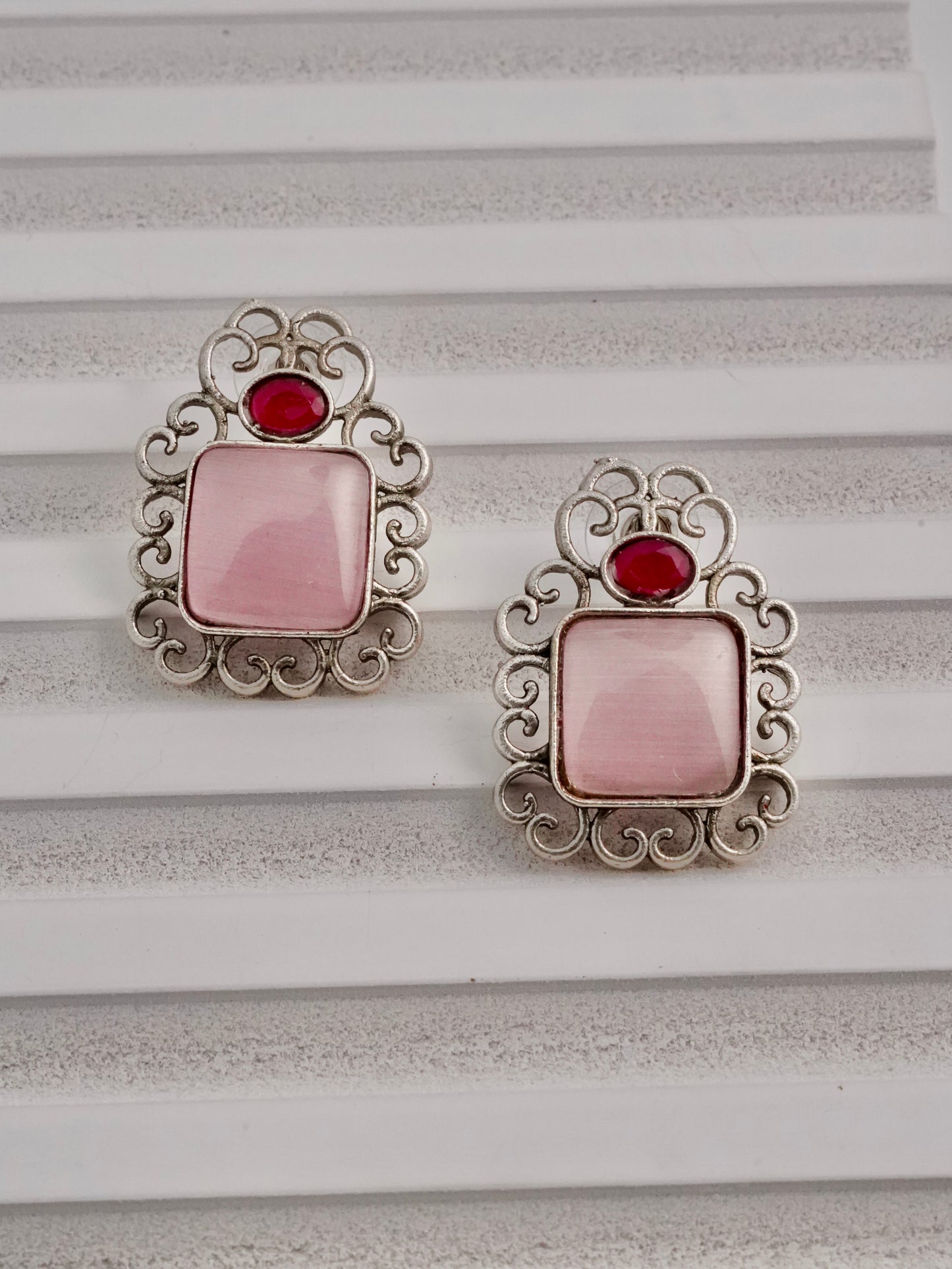 Pink Stone Filigree Stud Earrings