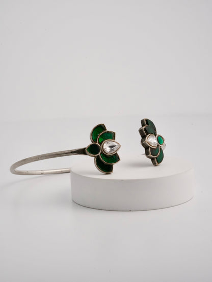 Lotus Brass Kada with Green/Red and White Stones