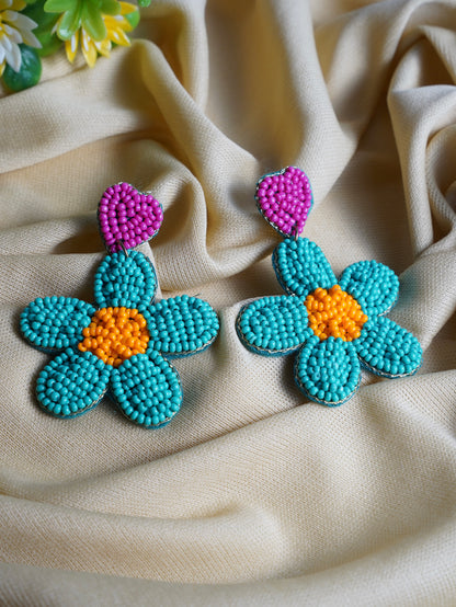 Beaded Flower Earrings with Heart Charm