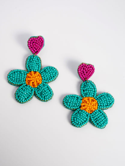 Beaded Flower Earrings with Heart Charm