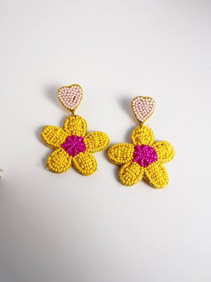 Beaded Flower Earrings with Heart Charm