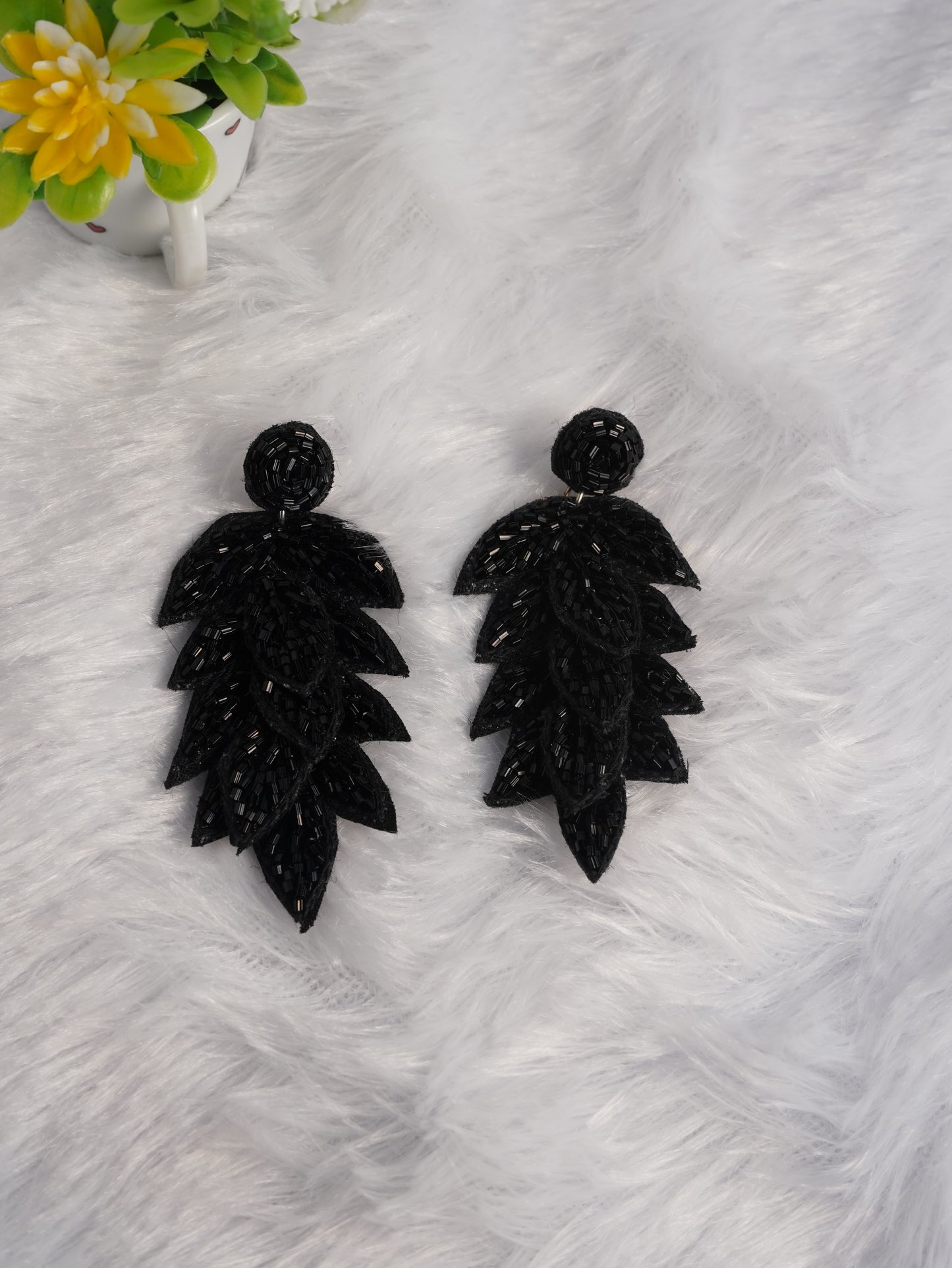 Midnight Leaf Black Beaded Earrings