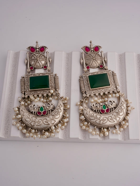 Bahubali Brass Earrings with Monalisa Stone and Pearls