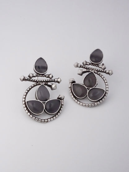 Antique Silver Earrings with Floral and Stone Design