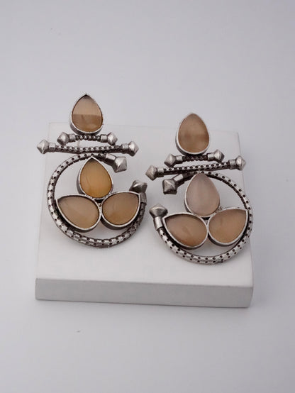 Antique Silver Earrings with Floral and Stone Design