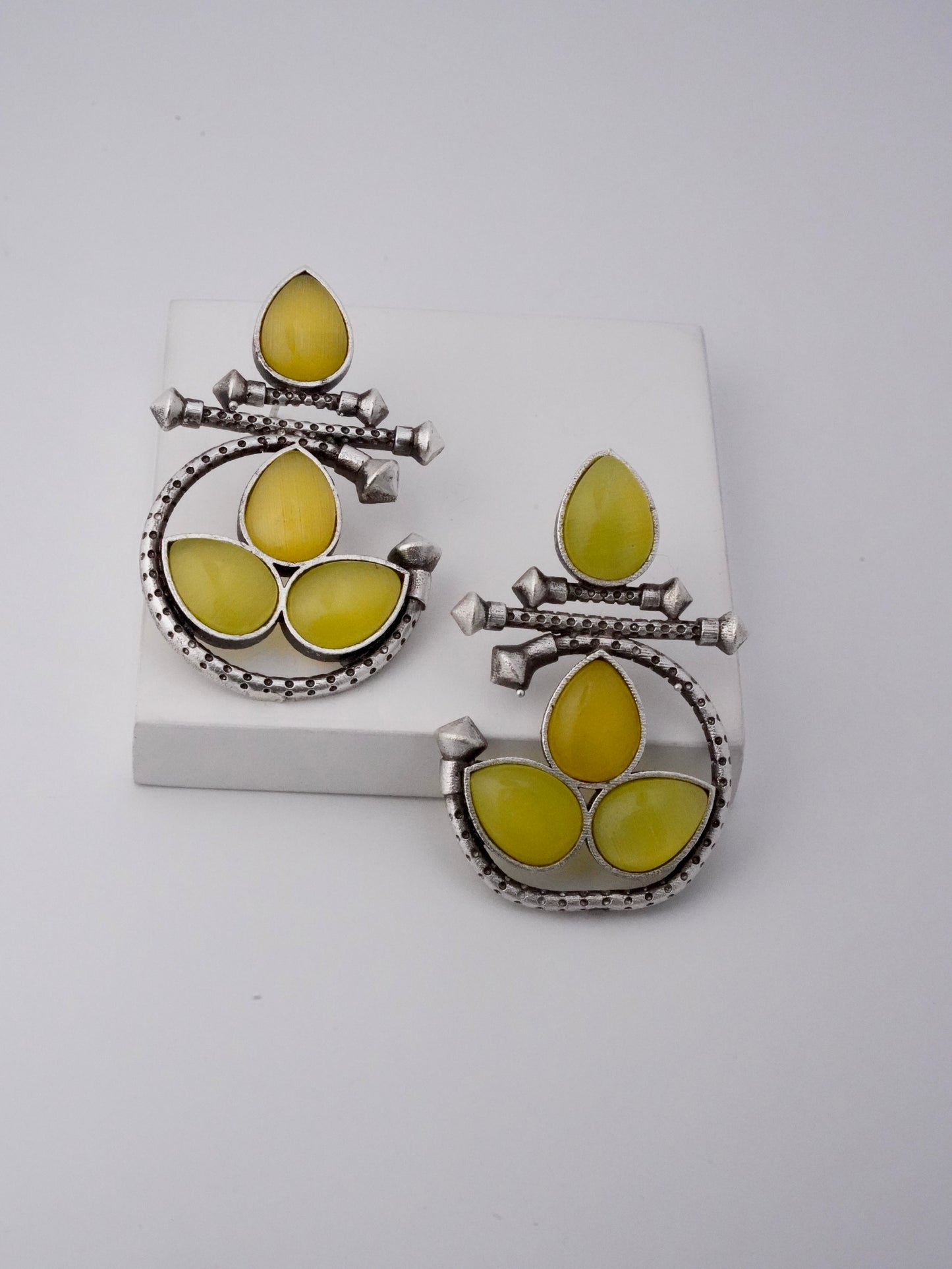 Antique Silver Earrings with Floral and Stone Design