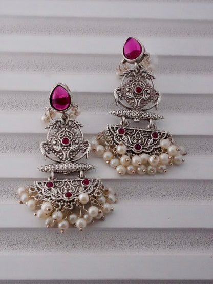 Vintage-Inspired Dangler Earrings with Stone and Pearl