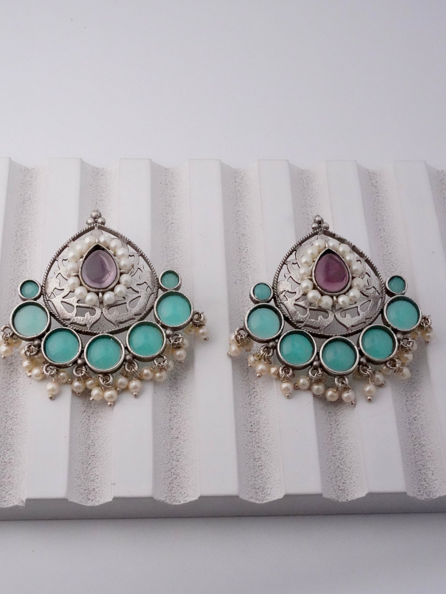 Ethnic Brass Stud Earrings with Stones