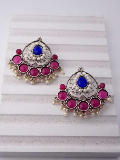 Ethnic Brass Stud Earrings with Stones