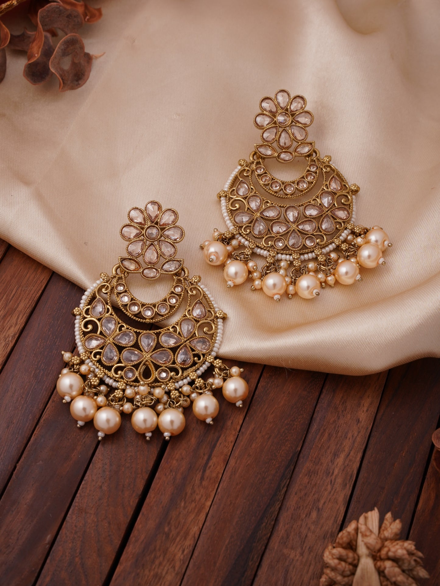 Floral Chandbali Earrings with Pearl Drops