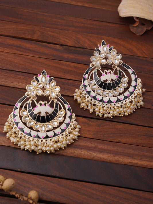 Traditional Kundan Chandbali Earrings with Beaded Fringe