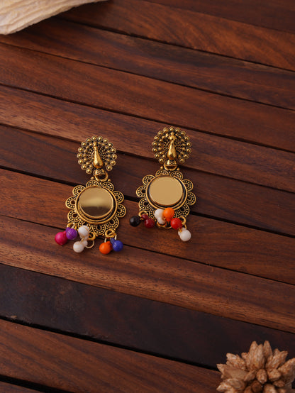 Peacock Mirror Stud Earrings with Colorful Bead Drops