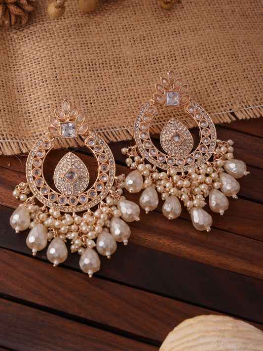 Elegant Halo Chandbali Earrings with Crystal Detailing and Pearl Drops