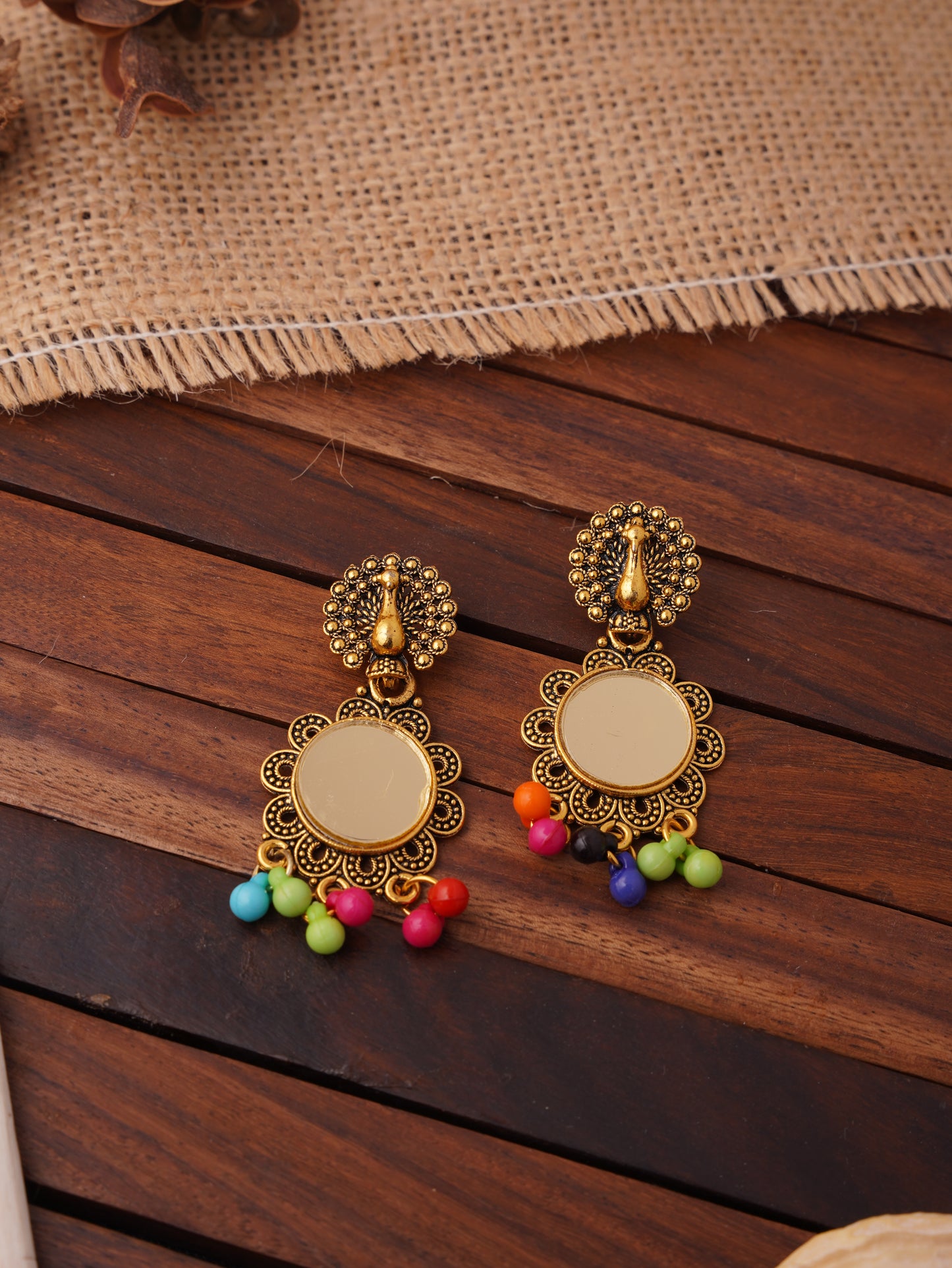 Peacock Mirror Stud Earrings with Colorful Bead Drops