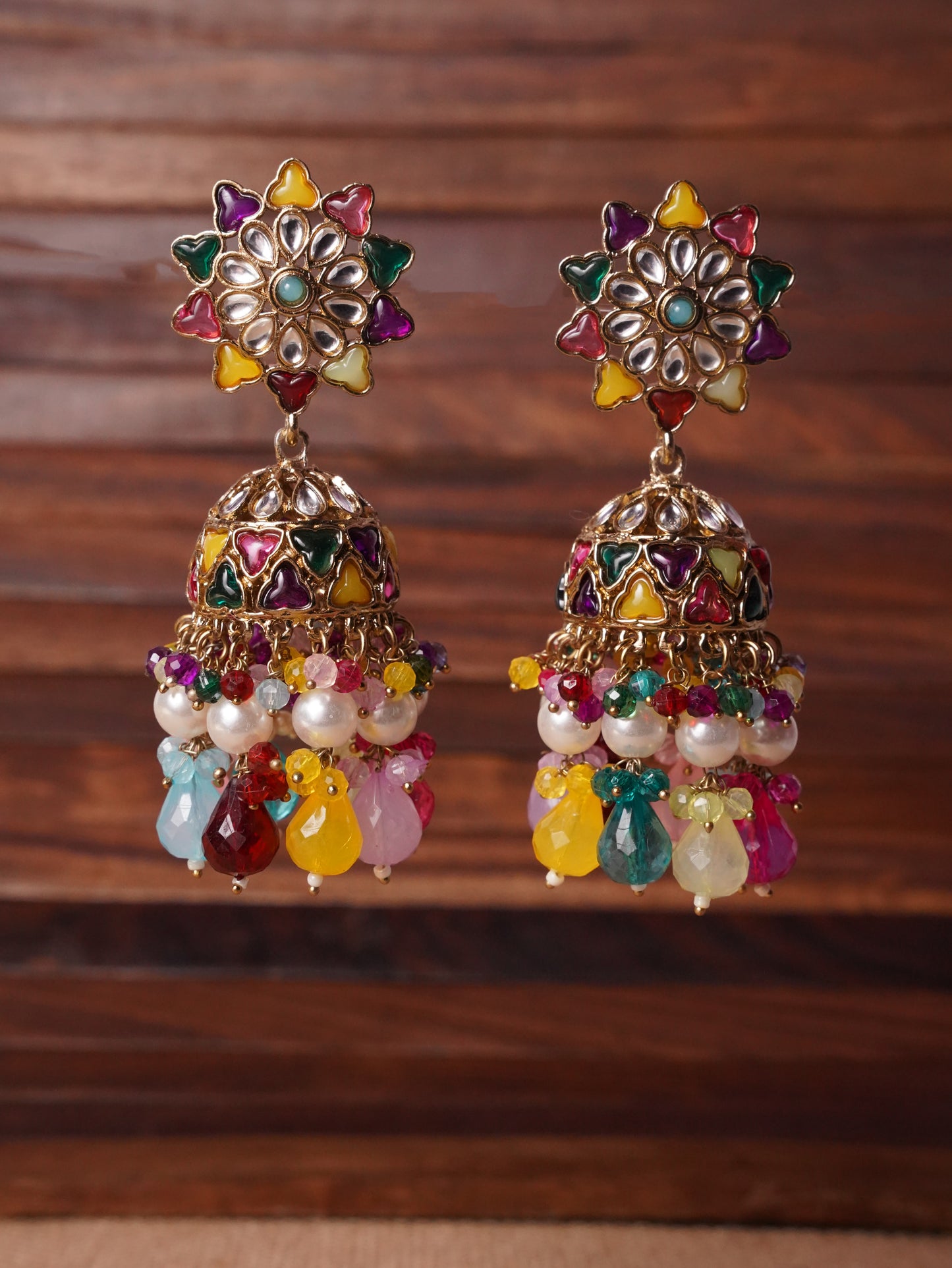 Radiant Floral Jhumka Earrings with Ornate Beaded Fringe