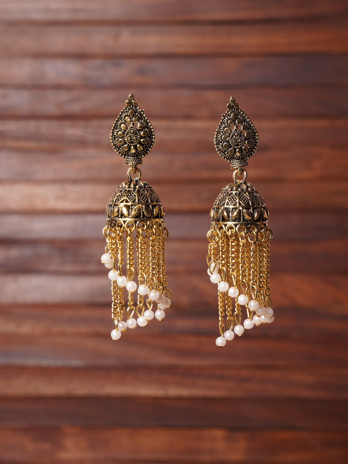 Vintage Jhumka Earrings with Layered Chain and Bead Tassels