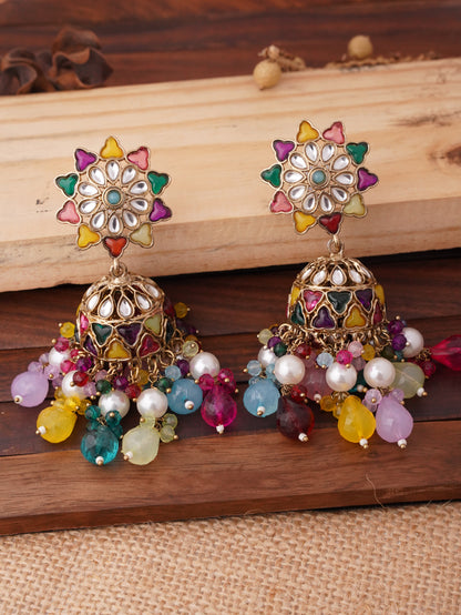 Radiant Floral Jhumka Earrings with Ornate Beaded Fringe