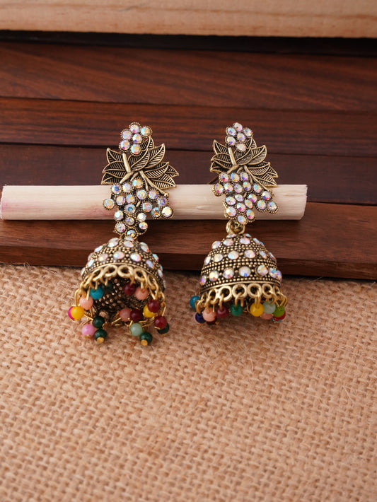 Antique Jhumka Earrings with Floral Motif and Colorful Beads