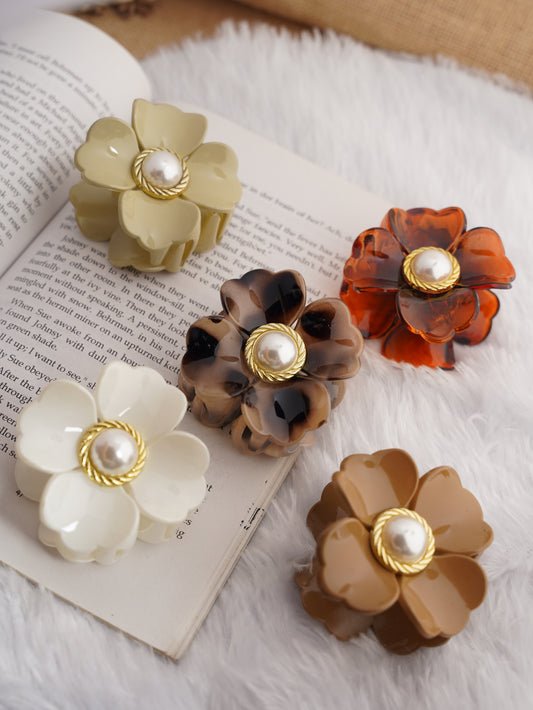 Medium Flower Shape Hair Claw Clips with Pearl Accent, Premium Quality