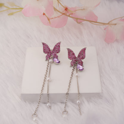 Dual Purpose Butterfly Dangle Earrings with Removable Long Chain