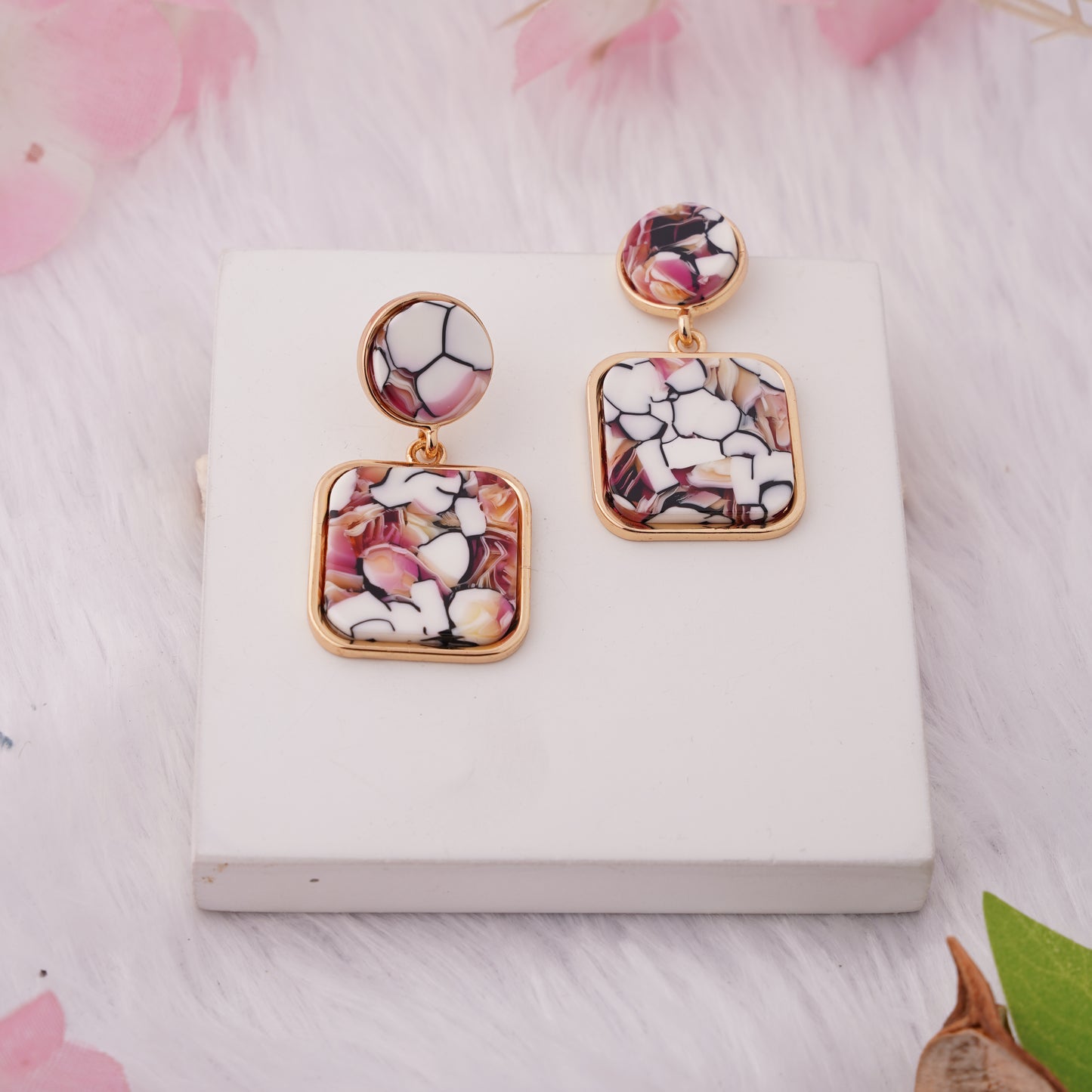 Marble Pattern Drop Earrings with Geometric Charm