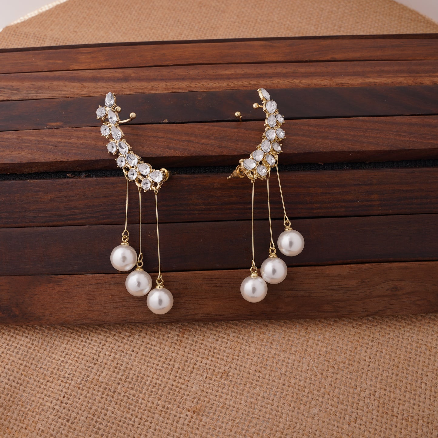 Elegant Pearl & Diamond Ear Cuff Earrings