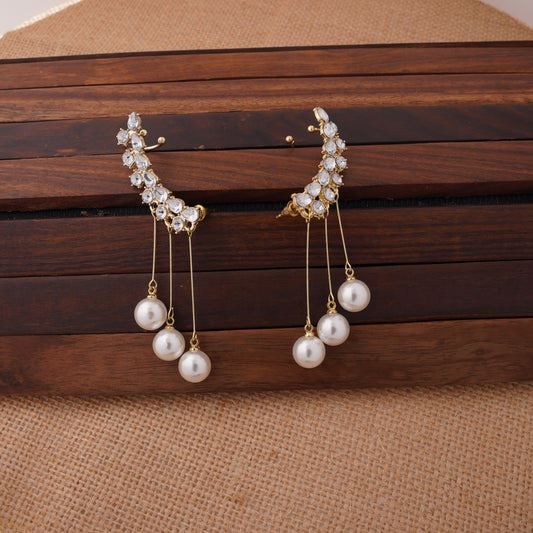 Elegant Pearl & Diamond Ear Cuff Earrings