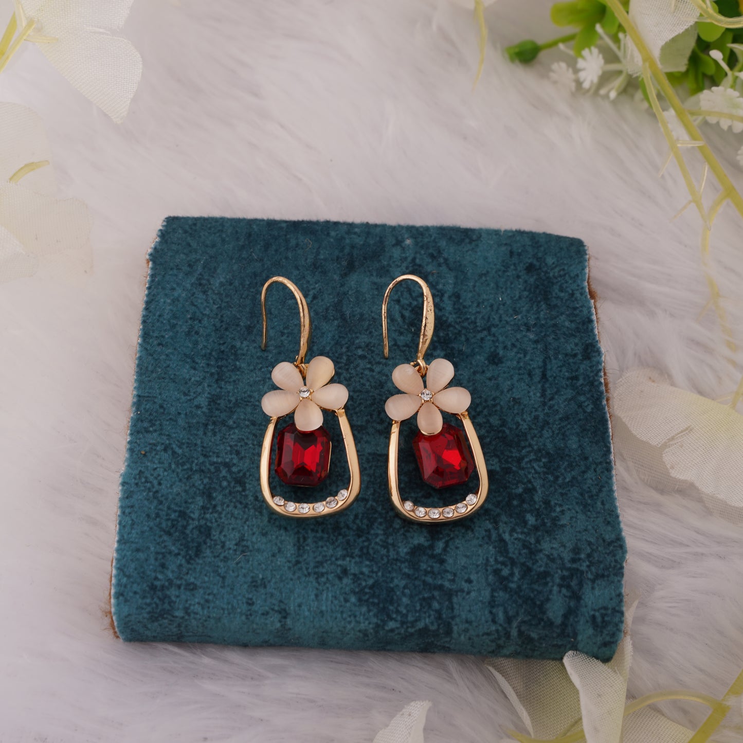 Floral Drop Earrings with Gemstone Accent