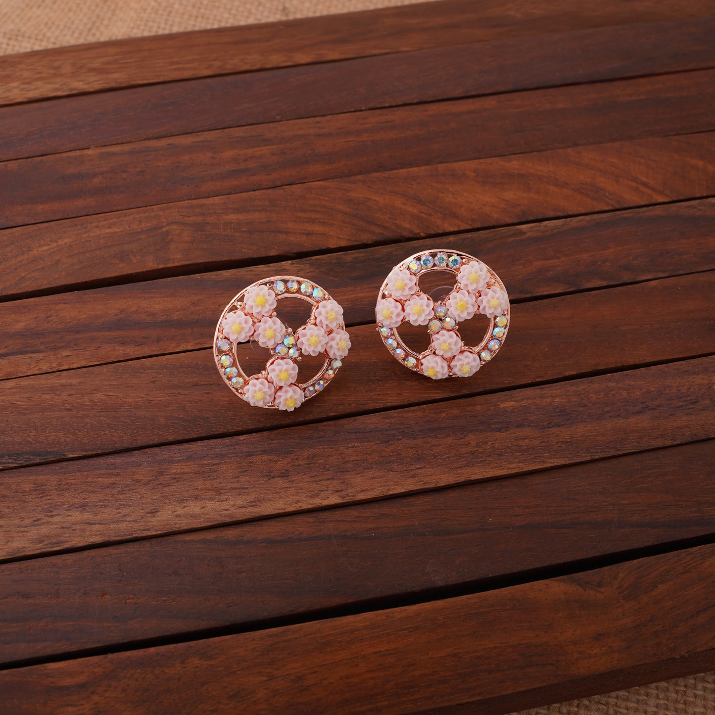 Floral Wheel Stud Earrings with Crystal Detailing