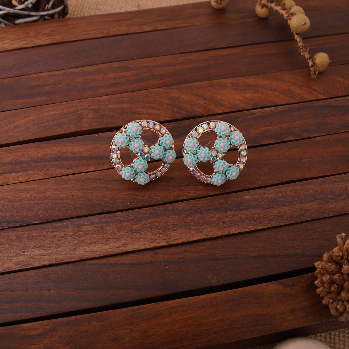 Floral Wheel Stud Earrings with Crystal Detailing