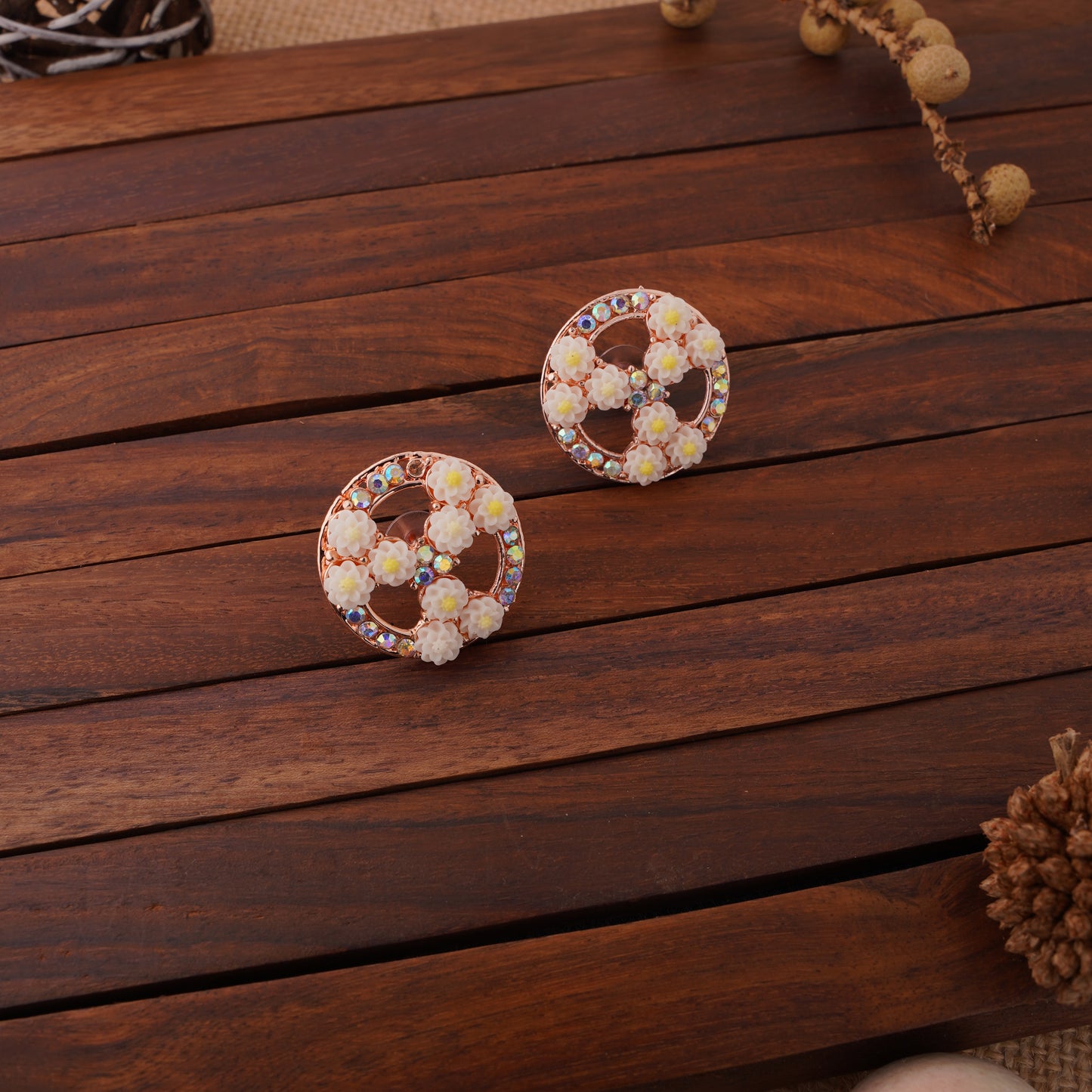 Floral Wheel Stud Earrings with Crystal Detailing