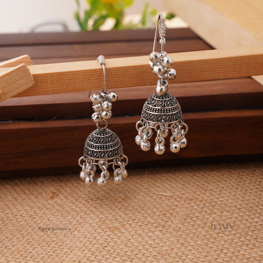 Oxidized Silver-Plated Jhumka Earrings with Beads