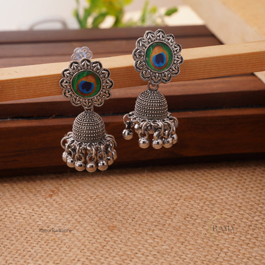 Oxidized Silver Peacock Jhumka Earrings