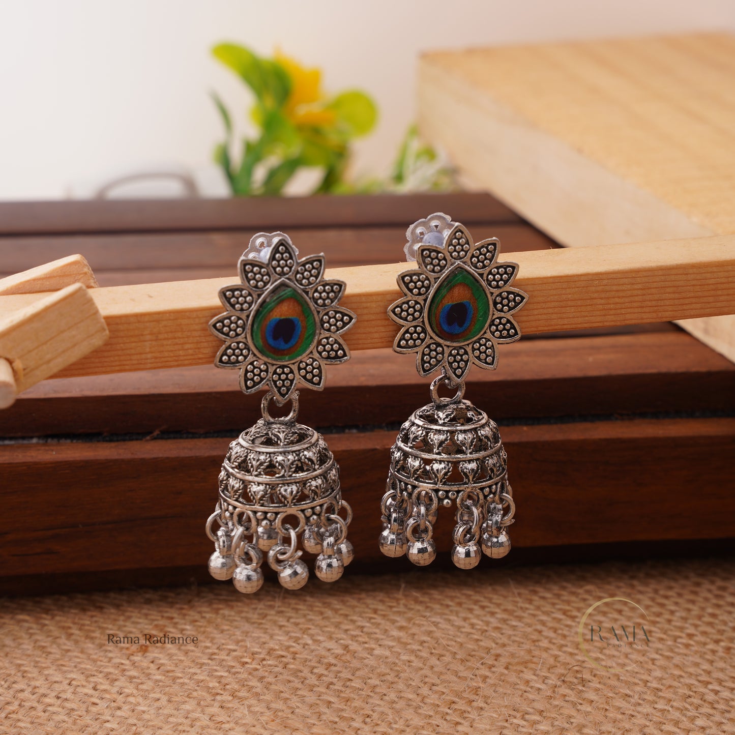 Oxidized Silver Peacock Drop Earrings