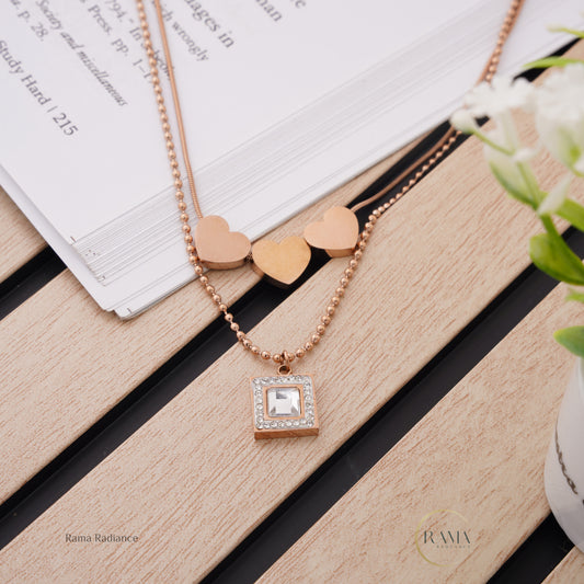 Double Chain Hearts Necklace with Square Pendant in Stainless Steel