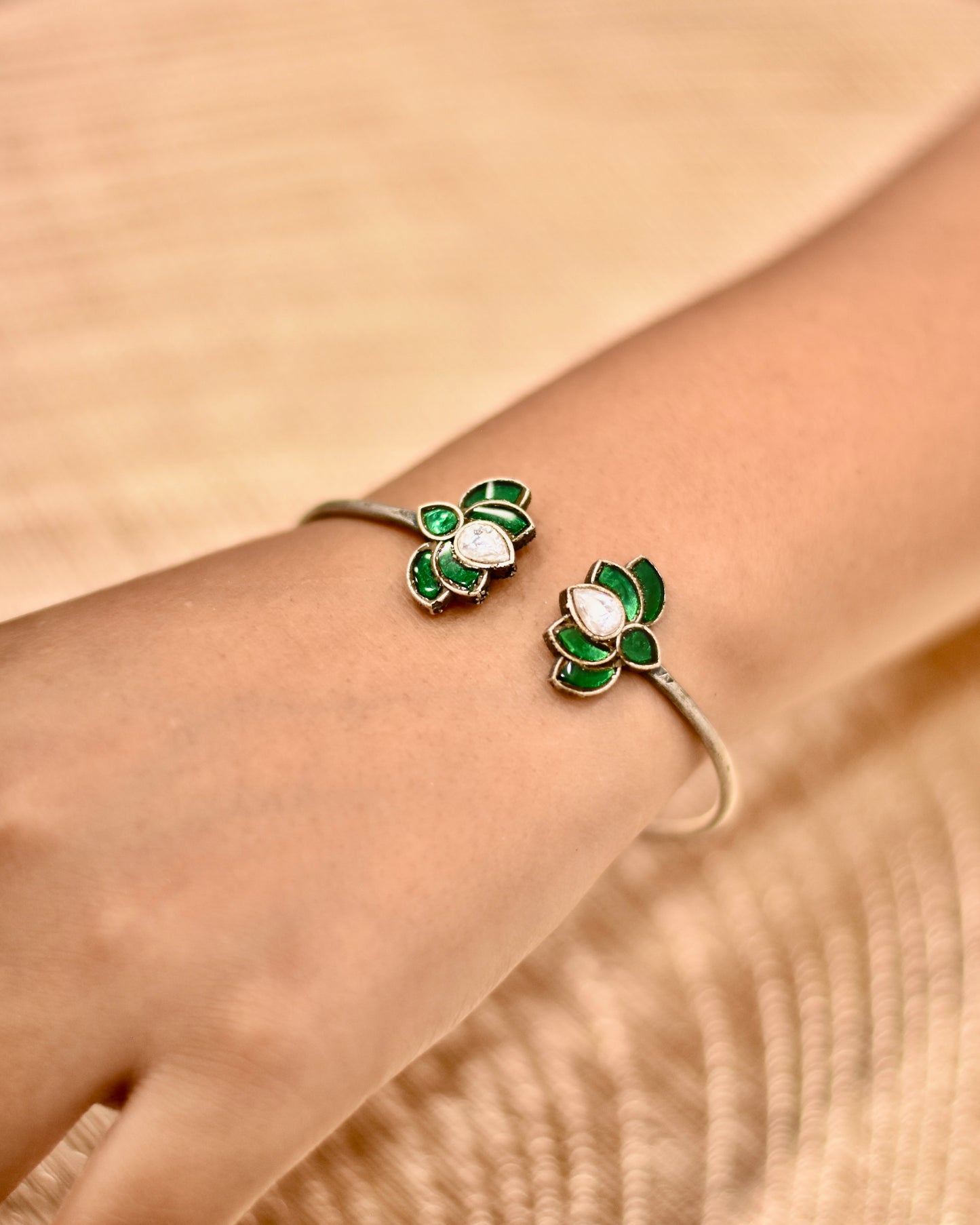 Lotus Brass Kada with Green/Red and White Stones