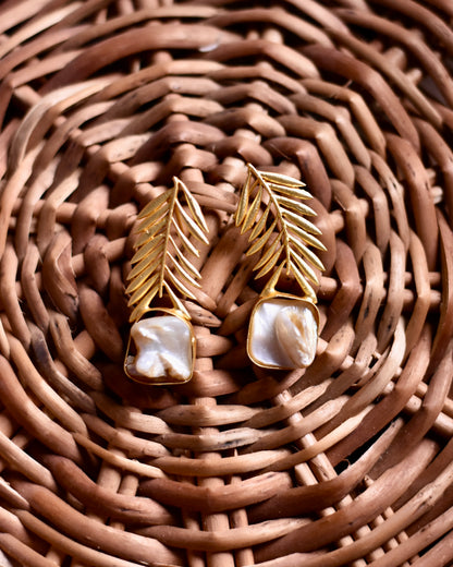 Palm Leaf Brass Earrings with Pearl Accents