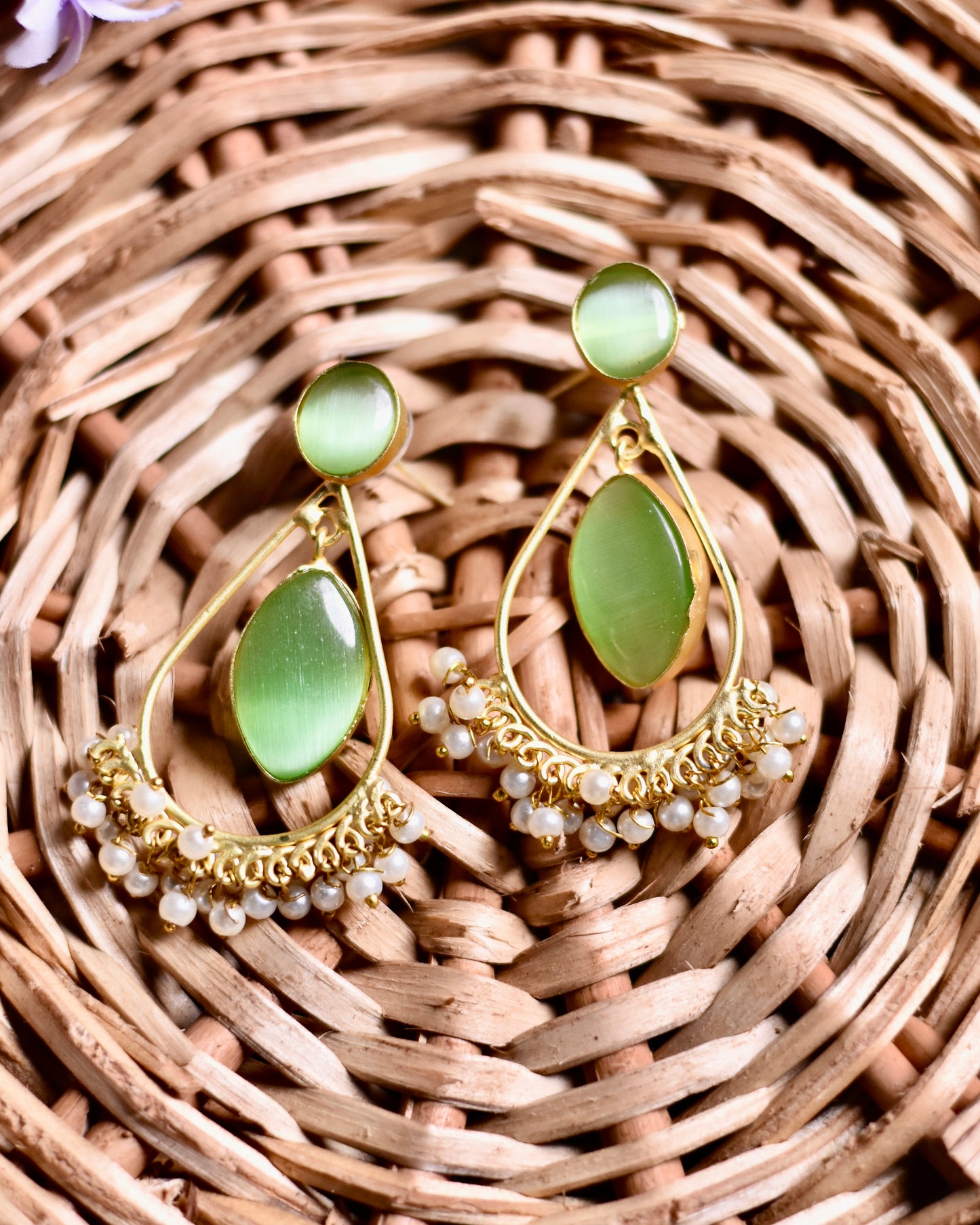 Golden Brass Earrings with Stone and Pearl Drops