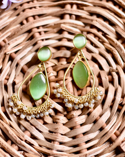 Golden Brass Earrings with Stone and Pearl Drops