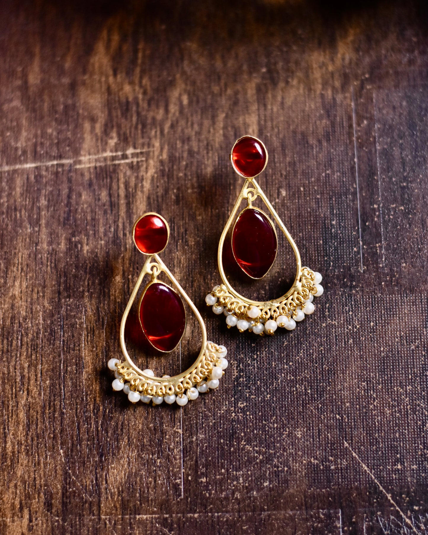 Golden Brass Earrings with Stone and Pearl Drops