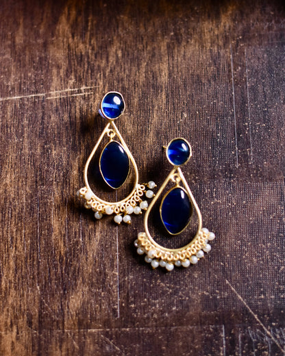 Golden Brass Earrings with Stone and Pearl Drops