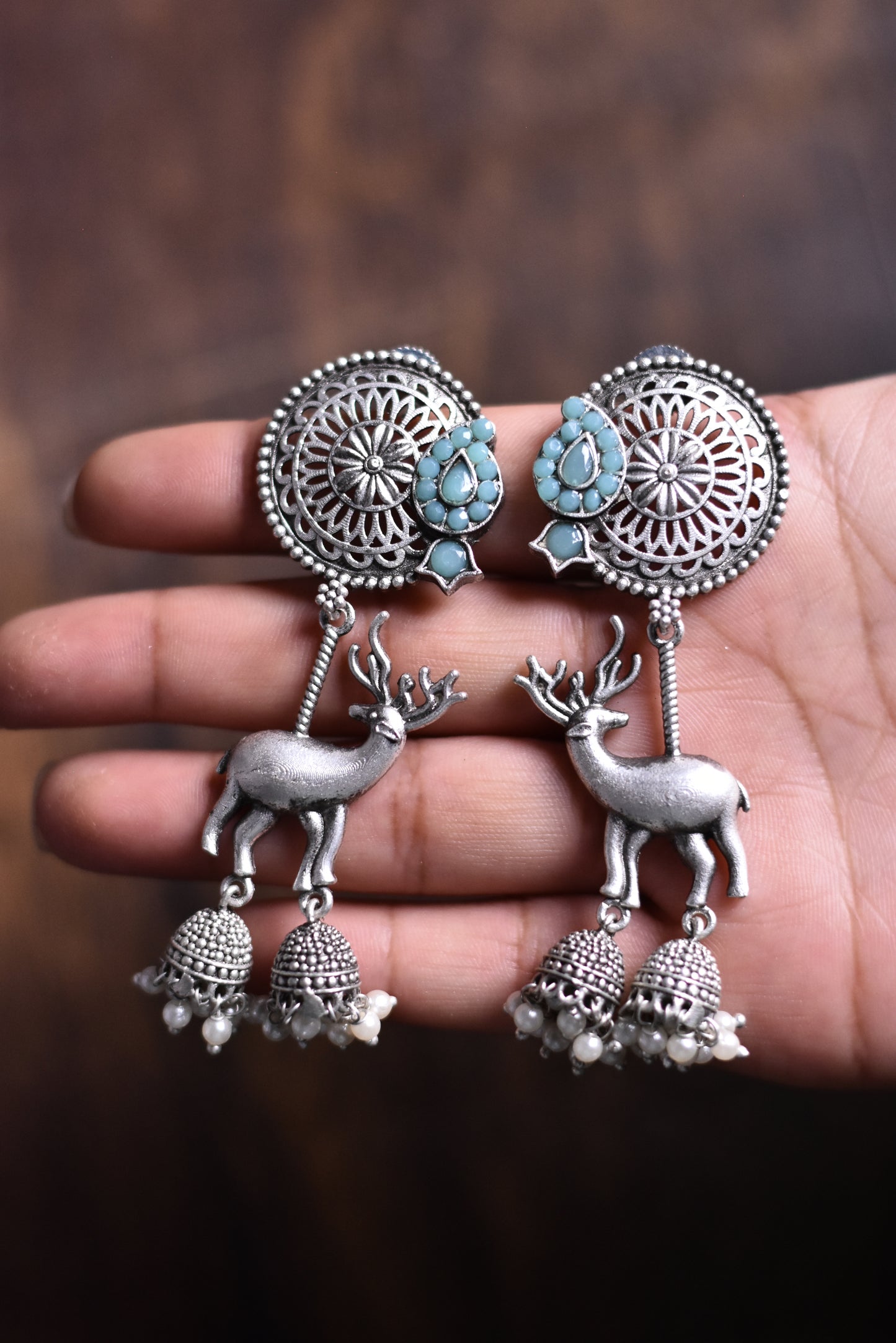 Unique Deer Design Drop Earrings with Pearl Accents