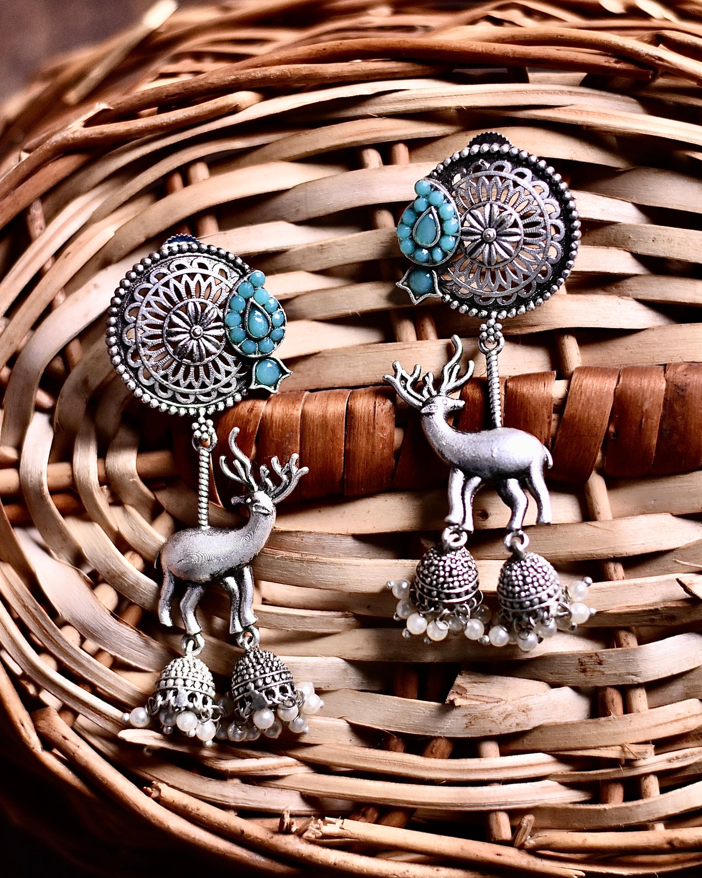 Unique Deer Design Drop Earrings with Pearl Accents