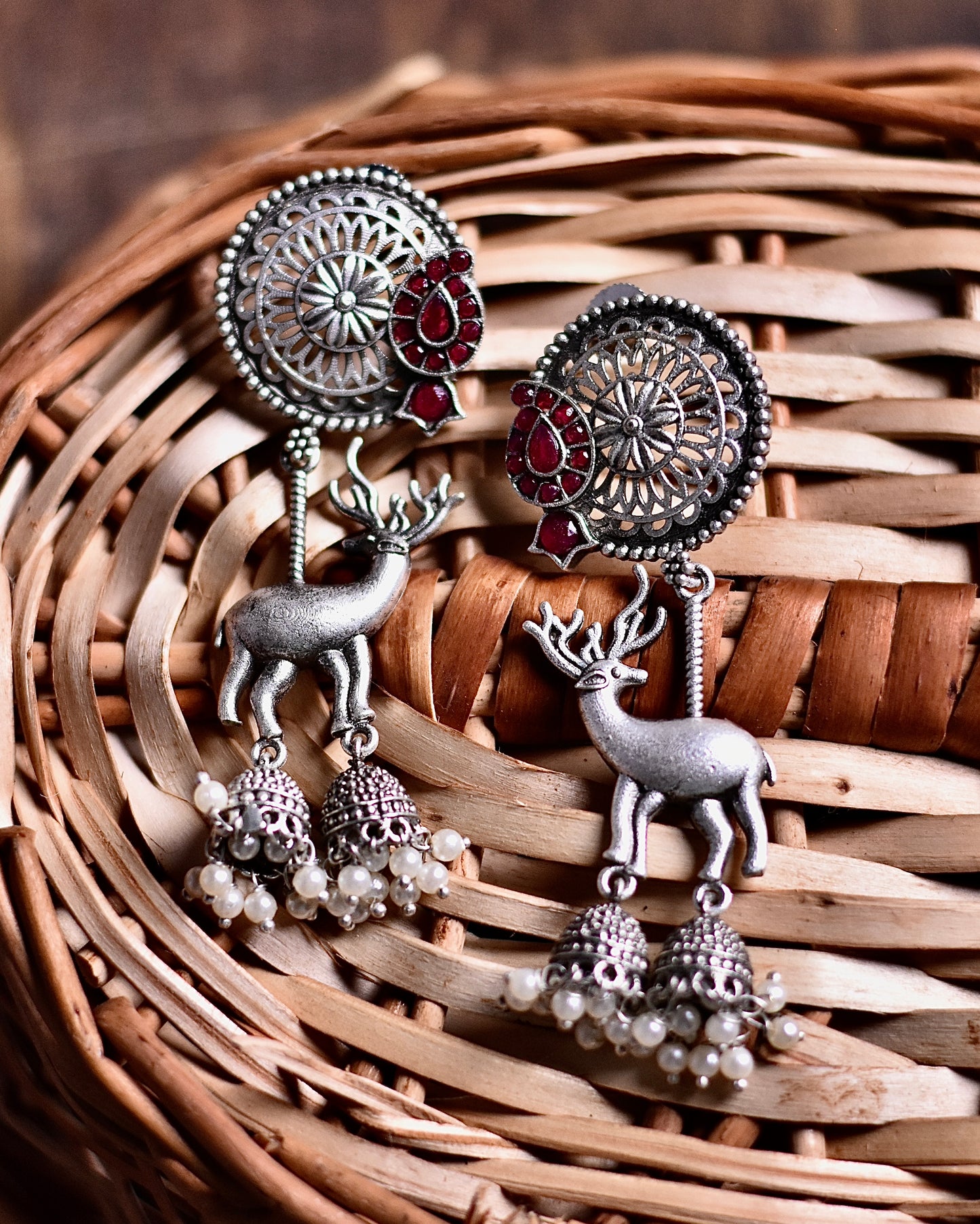 Unique Deer Design Drop Earrings with Pearl Accents